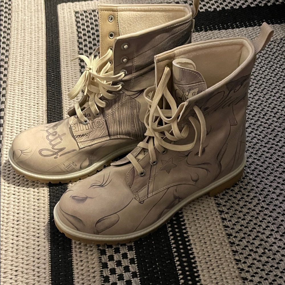 New condition Stylish Beige cartoon Dogo Women's Boots vegan leather